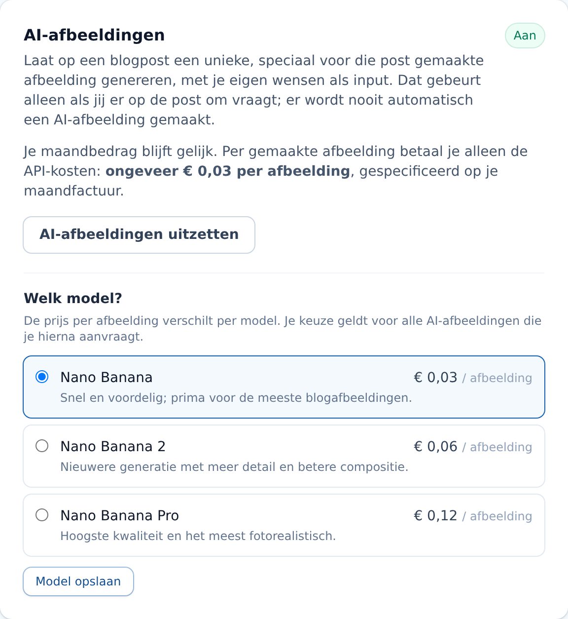De instellingen voor AI-afbeeldingen in het dashboard: aan- of uitzetten en kiezen uit drie modellen met de prijs per afbeelding