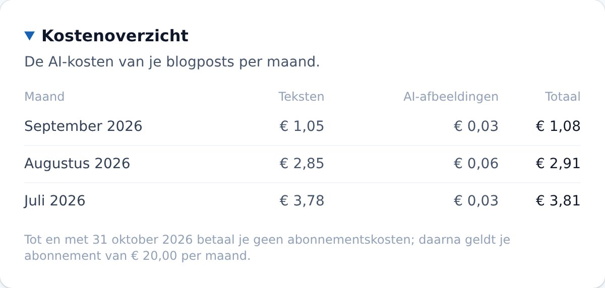 Het kostenoverzicht in het dashboard: per maand de kosten van teksten en AI-afbeeldingen en het totaal